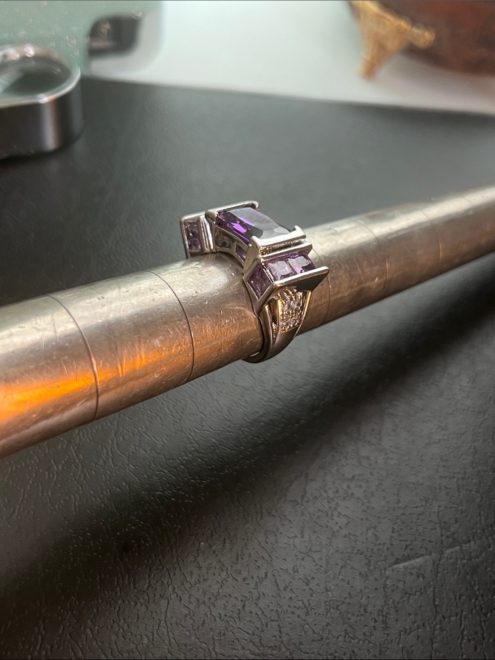 Silver Plated Copper Purple Baguette Triple-Stone Ring for Women HAS WEAR sz 8